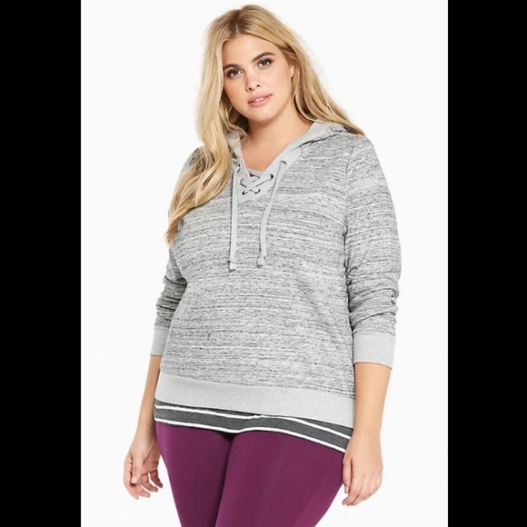 Torrid | Gray Lace Up Cropped Hoodie Sweatshirt - Picture 1 of 6
